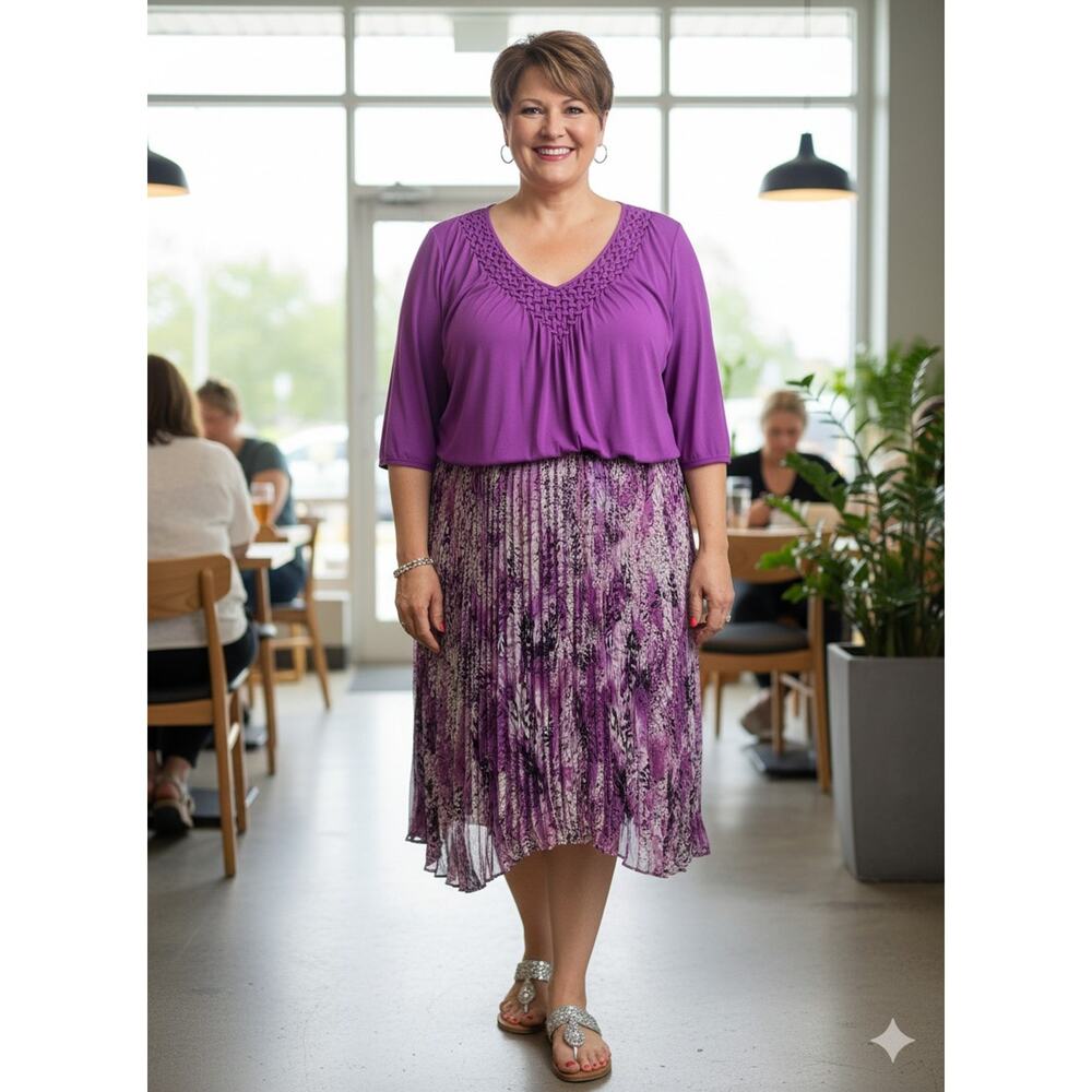 Maggie Barnes Purple V-Neck‎ Crochet 2-Piece Top & Skirt Set Womans Plus Size 4X